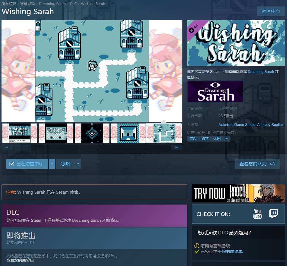 Wishing Sarah的Steam页面（2023年7月26日）