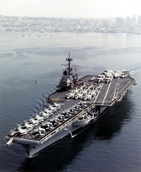 USS Ranger (CV-61) departing San Diego, in February 1987 (NH 97689-KN).jpg