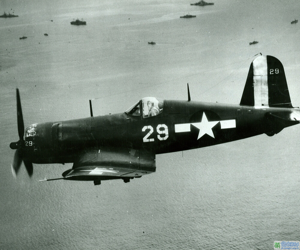 An F4U-1D Corsair of VF-10 off the carrier Intrepid (CV 11) pictured in flight near Okinawa..jpg